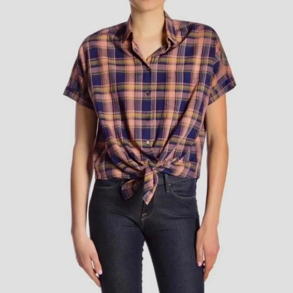 Madewell Tie Hem Plaid Button Down Top - Picture 1 of 5